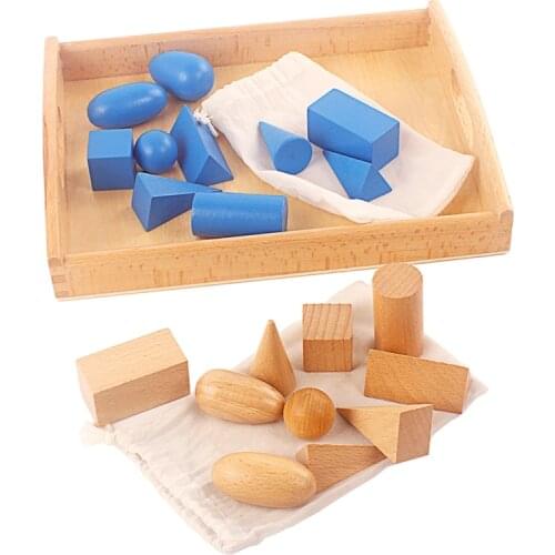 Montessori Mystery Bag with Tray Wood Sensory Toys Blue 10Pcs Objects Geometric Shapes Natural Wood Color Solid Wood 3 Years Old