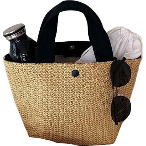 Capacity Straw Bags Women Handmade Woven Basket Bag Tote Summer Bohemian Beach Bags Canvas Lady Handbags(Black)