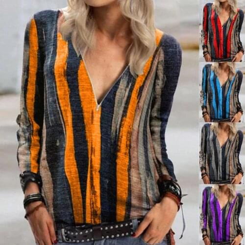 Autumn Women Long Sleeve Zip Neckline Vertical Stripes Tie Dye T-shirt Ladies Office Elegant Tops