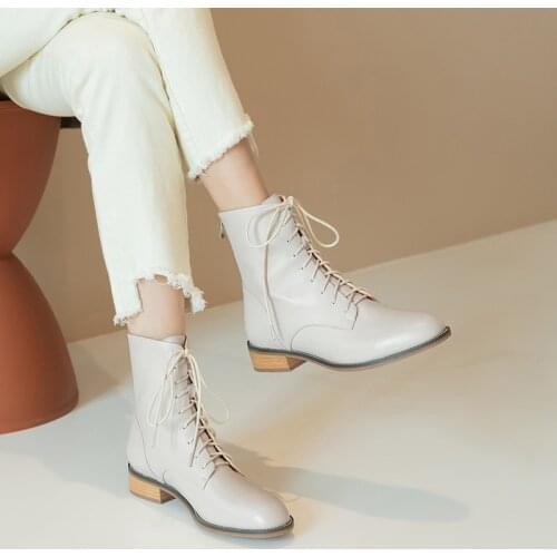 MORDOAN Genuine Cow Leather Lady boots womens 2020 autumn new single boots round toe thick heel lace-up ankle boots