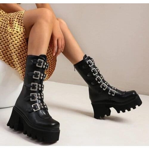 New Platform Womens Boots Fashion Buckle Square High Heel Motorcycle Boots Autumn Winter Ladies Round Toe Mid Calf Boots