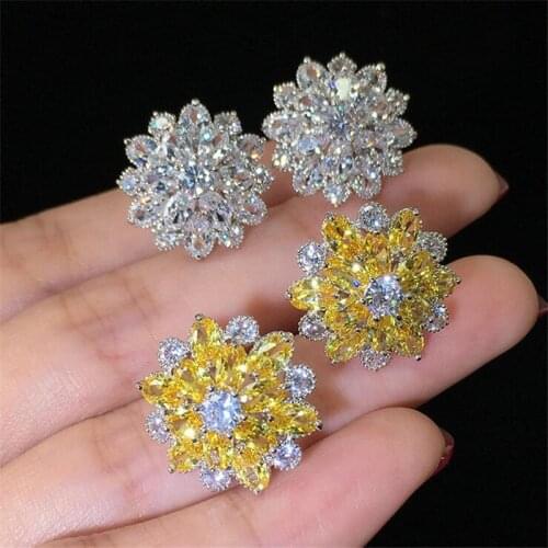 Sparkling Luxury Jewelry 925 Sterling Silver White&Yellow AAAAA Cubic Zirconia Women Wedding Flower Stud Earring For Lovers
