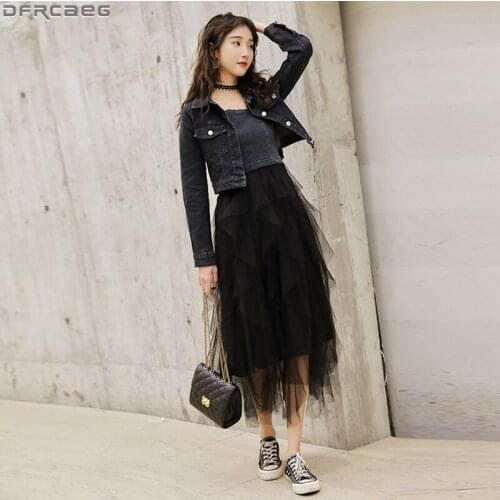 Fashion Mesh Patchwork Denim Dress and Short Jeans Ladies Jacket Coats Elegant 2 Piece Set Women Black White Bodycon Sundress