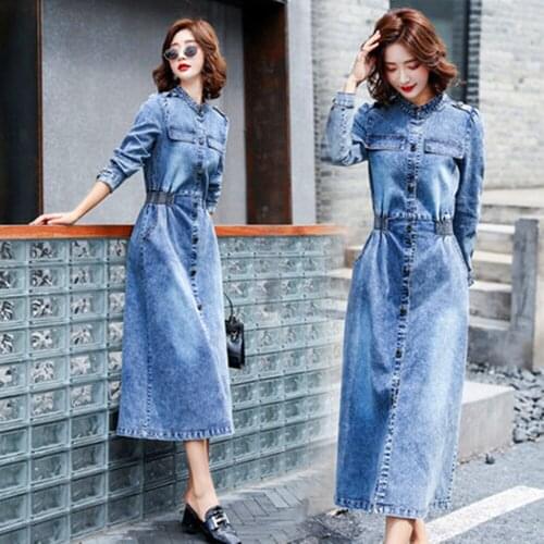 New Spring Autumn Women Dresses Casual Stand Collar Solid Single Button Slim MD-Long Style Jeans Dress For Females Denim Dresses