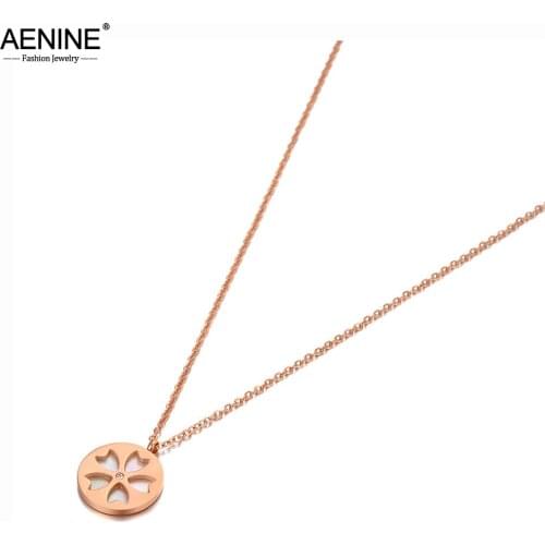 AENINE Trendy Titanium Stainless Steel CZ Crystal White Shell Choker Necklaces Heart Flower Pendant Necklace For Women AN20084