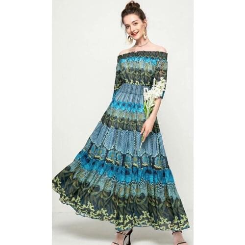 Summer Dress 2021 Ladies Flare Sleeve One Shoulder Elegant Festive Floral Print Ankle Long Dress Boho Holiday Beach Dress