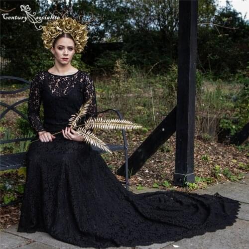 Gothic Black Wedding Dresses Long Sleeve 2021 A-Line Boho Bride Dress Bohemian Lace Bridal Gowns Vestido De Noiva