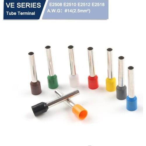 100pcs VE TUBE insulating Crimping terminals E2508 E2510 E2512 E2518 AWG14 Cable Wire Connector Ferrules Cord End Crimp Terminal