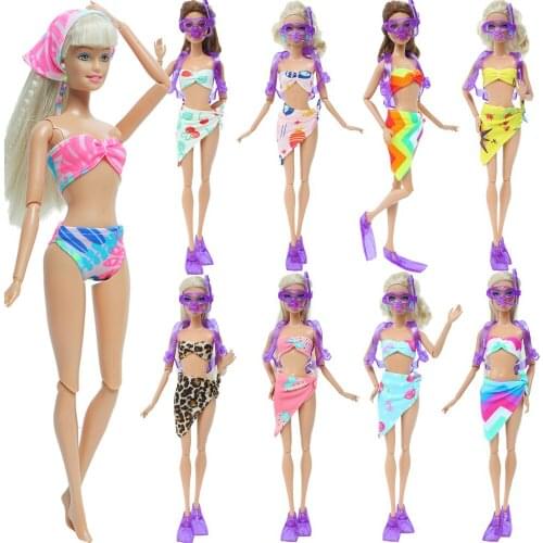 2 Pcs/Set = 1x Fashion Swimsuit Swimwear Bath Clothes for Barbie Doll + 1x Plastic Diving Equipment Glasses Shoes Oxygen Tank