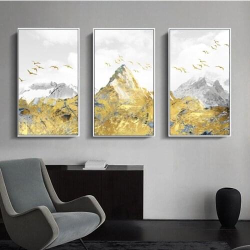 3 Panel Canvas Painting Golden Mountain Landscape Posters Abstract Wall Art Print Modular Pictures For Living Room Decoration