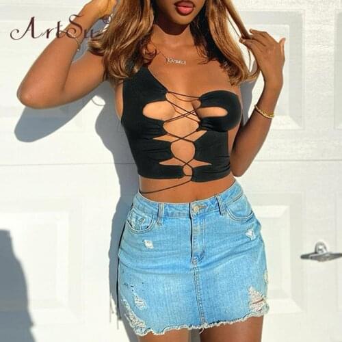 ArtSu One Shoulder Hollow Out Lace Up Sexy Skinny Fashion Bandage Crop Top Black White Sleeveless Tank Tops Women Club Summer