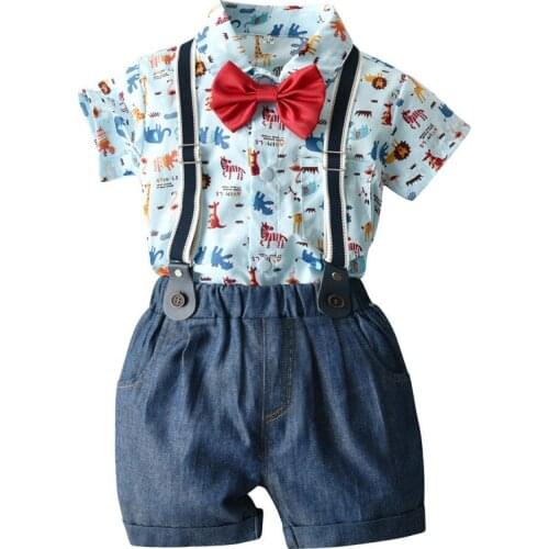 2pcs/Set Childrens Clothing Summer Middle And Small Children Gentleman Boy Suit Suspenders Zoo Print Cotton Childrens Suit