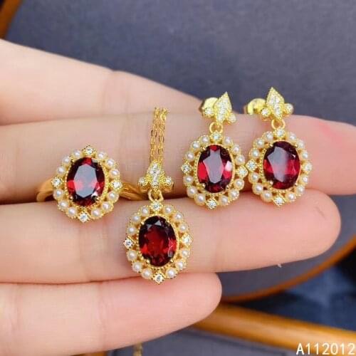 KJJEAXCMY fine jewelry natural garnet 925 sterling silver vintage new girl pendant ring earrings set support test hot selling