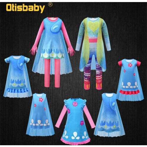 Trolls 2 Halloween Girls Trolls Costume Summer Princess Poppy Dress Kids Masquerade Dresses Carnival Cosplay Wigs for Children