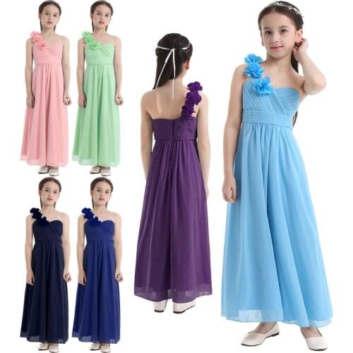 Summer Kids Chiffon One-Shoulder Flower Girl Princess Dress For Pageant Wedding Bridesmaid Birthday Party Dance