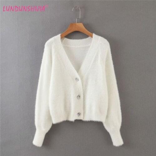 LUNDUNSHIJIA 2020 Autumn Women Elegant Pearls Buttons Sweaters Imitation Mink Cashmere White Knitting Female Short Cardigans