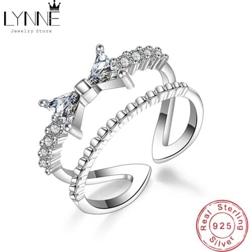 LYNNE Jewelry New 925 Sterling Silver Double Layer Rhinestone CZ Ring Fashion Women Gift AAA Zircon Bowknot Open Resizable Rings