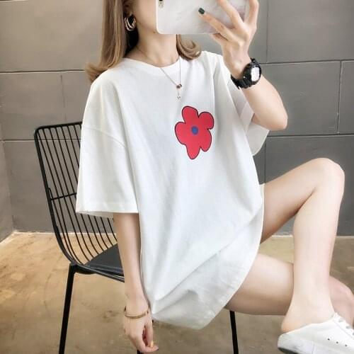 Make) summer super fire small red flowers students long round neck T-shirt
