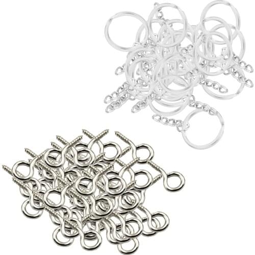 50pcs Metal Key Holder Split Rings Keyring Keychain + 50pcs Screw Eye Pins DIY Key Chains