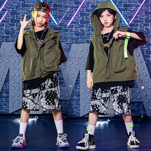 Fashion Loose Hooidle Vest Cargo Shorts Suit Dancers Outfits Jazz Dance Costumes Child Hip Hop Performance Rave Clothes DQS7622