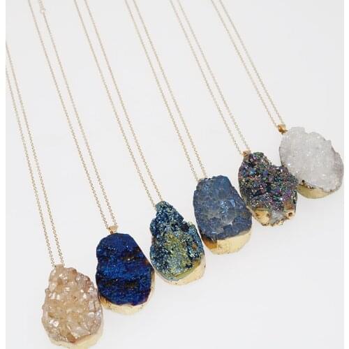 Fashion Irregular Natural Stone Blue White Quartz Crystal Pendant Necklaces Chain Necklace Jewelry