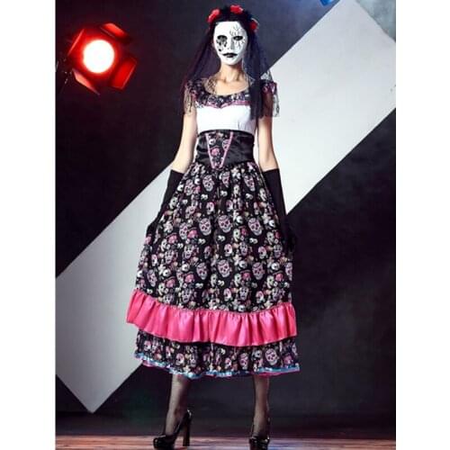 New Adult Sexy Skeleton Day of The Dead Costume Women Colors Skull Flower Fairy Halloween ghost vampire bride Fancy Dress