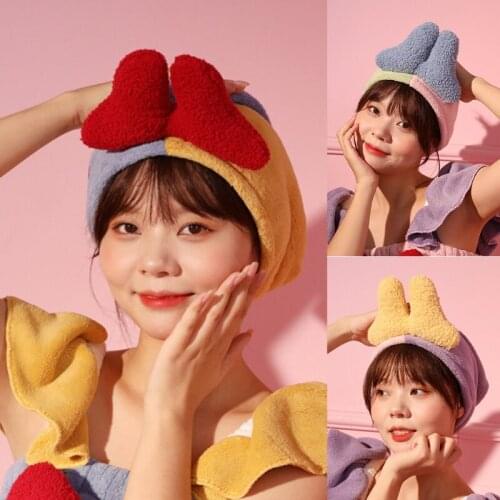 Women Girls Cute Bowknot Hair Towel Wrap Twist Super Absorbent Quick Drying Turban Cap Contrast Color Bath Shower Hat