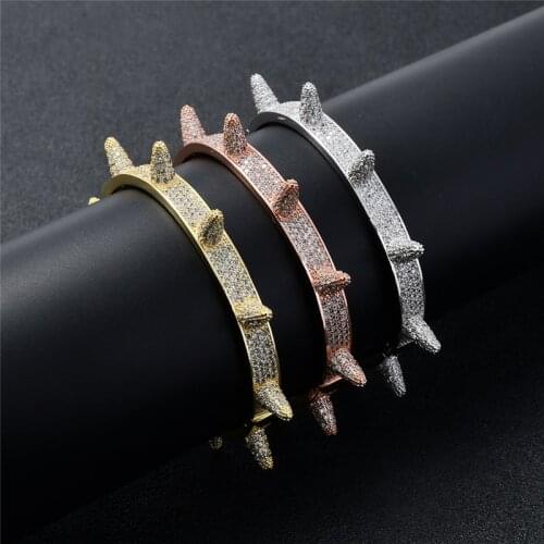 Luxury Full Cubic Zirconia Rivet Bracelets MenS Hip Hop Designer Bangles Punk Gothic Style Spike Bangle For Women