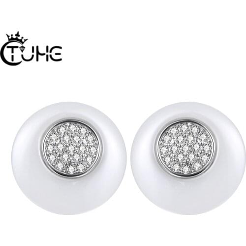 Circle Round Shape Rhinestone Earrings for Women White Black Healthy Ceramic Stud Earrings Wedding Jewelry Gift