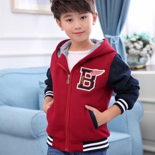 3-14Y Teenager Kid Baseball Uniform Clothes Childrens Wear Boys Fall Winter Velvet Thickened Spliced Hooded Coat Outerwear B415