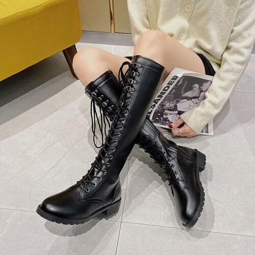 Women Lace Up Mid Calf Boots Ladies Pu Leather Square Heels Fashion High Boots Female Winter Platform Zipper Shoes Woman 2021