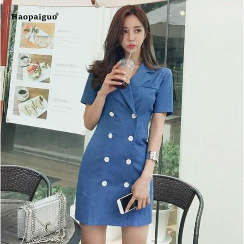 Solid Plus Size Pencil Dress 2019 Women Summer Blue Short Sleeve Notched Casual Button Dress Work Lady Mini Dresses Sukienka