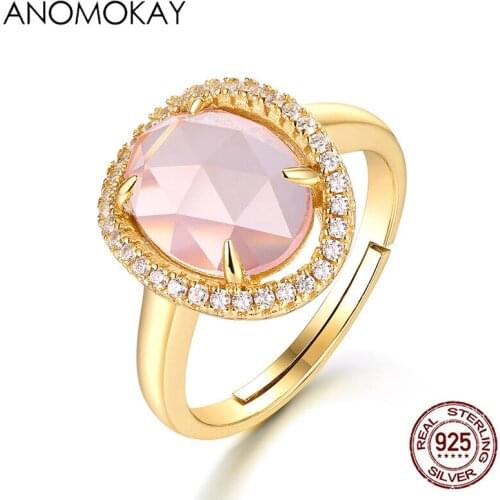 Anomokay Elegant Oval Pink Big Crystal Gold Color Women Mom Ring Full with White CZ 925 Sterling Silver Resizable Ring for Party