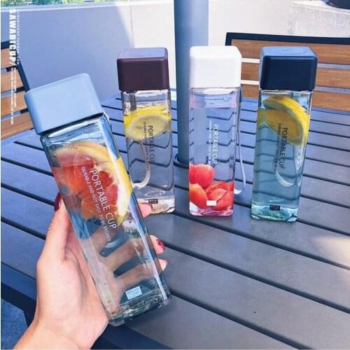 1Pc 500ml Transparent Square Plastic Matte Water Cup Outdoor Cold Juice Water Sports Cup with Portable Milk Rope Water Cup
