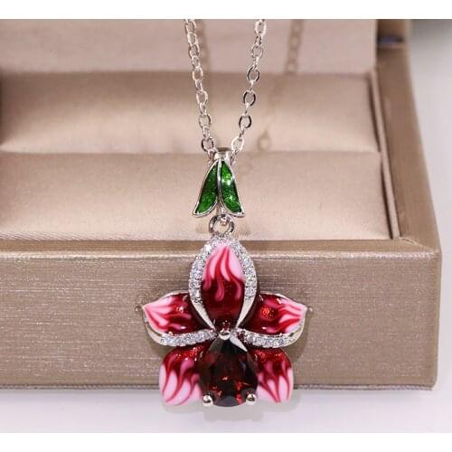 1pc New Arrival Pink Epoxy Flower with Zircon Stone Pendant Long Chian Necklace Choker for Women Fashion Jewelry