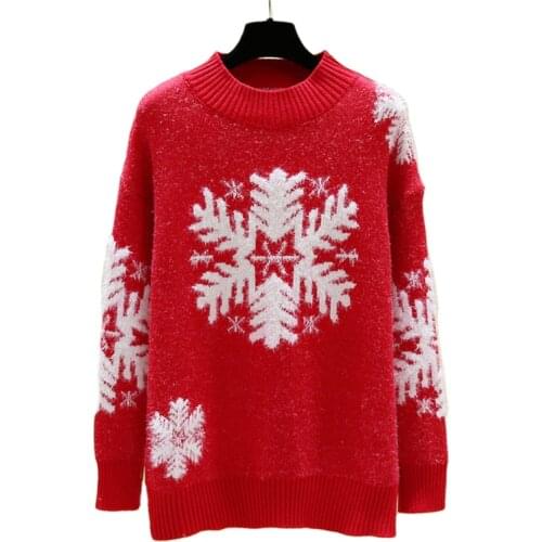 2021 Winter Christmas Pullover Snowflake Women Sweater O-Neck Korean Loose Knitted Kerst Female Casual Long Sleeve Warm
