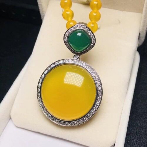 Designer Natural retro fashion 925 silver inlaid Topaz chalcedony sweater big Pendant
