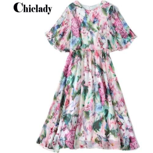 CHICLADY floral printed chiffon soft summer knee length dress pink flower prairie chic holiday casual loose dresses women cloth