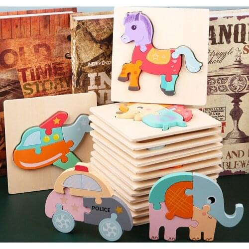 Montessori Wooden Kids Toy 3D Puzzle Jigsaw Board Tangram Animal Car Cartoon Puzzles for Children Baby Educational Learning Toys