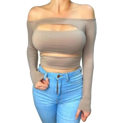 LJCUIYAO Off Shoulder Women Long Sleeve T-Shirt Summer Elegant Office Ladies Slim Fit Solid Color Sexy Tops Club Fashion Female