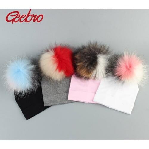 Geebro 3 Tone Color Baby Cotton Beanies Hats With Patchwork Raccoon Pompom For Newborn Girls Boys Kids Plain Cotton Skullies Hat