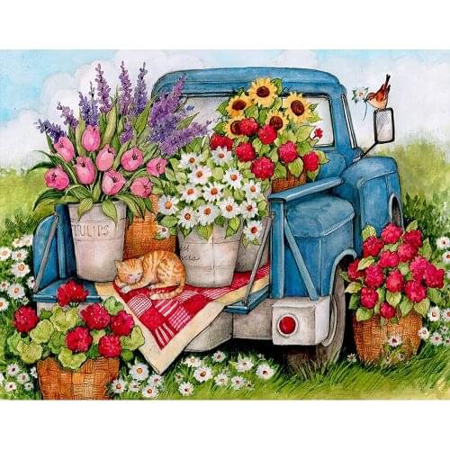 Flower Cat Car Printed Canvas 11CT Cross Stitch Patterns Embroidery Needlework Sewing Painting Hobby Needle Halloween Floss Gift