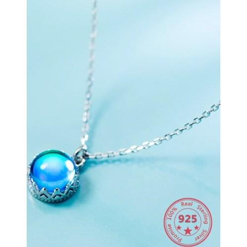 Hot Sell Unique 925 Fine Jewelry Silver Round Blue Crystal Pendant Delicate Necklace Girls Birthday Gift
