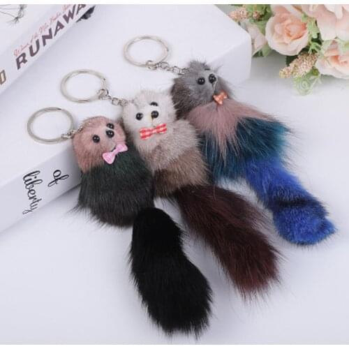 Cute Mini Fox Cat Dog Fur Ball Keychain Handmade Fluffy Fur Pompom Ball Lady Bag Accessories Car Key Ring Pendant