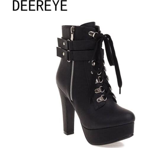 New Pu Winter Ankle Boots Female Plush Booties Lace-Up 2 Belts Silver Buckle Rivet Chunky High Heel 12CM Platform Shoe Zipper