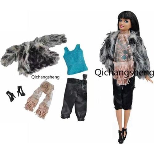 1/6 BJD Clothes For Barbie Doll Outfits Gray Fur Coat Winter Jacket Scarf Tank Trousers Shoes 11.5" Dollhouse Accessory Toy Gift