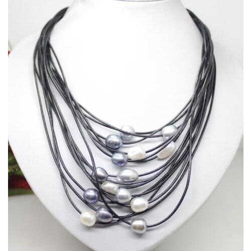 01-12mm Real White Gray Black Freshwater Pearl Pendant Necklace Leather Cord Magnet Clasp Fashion Jewelry
