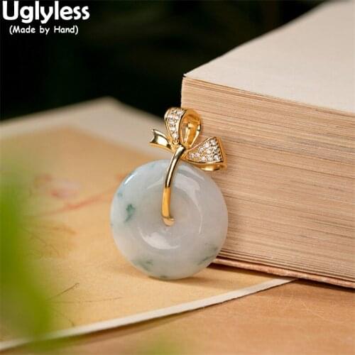 Uglyless Crystals Bow Necklaces for Women Classic Gemstones Peace Button Pendants Necklaces NO Chain Emerald 925 Silver Necklace