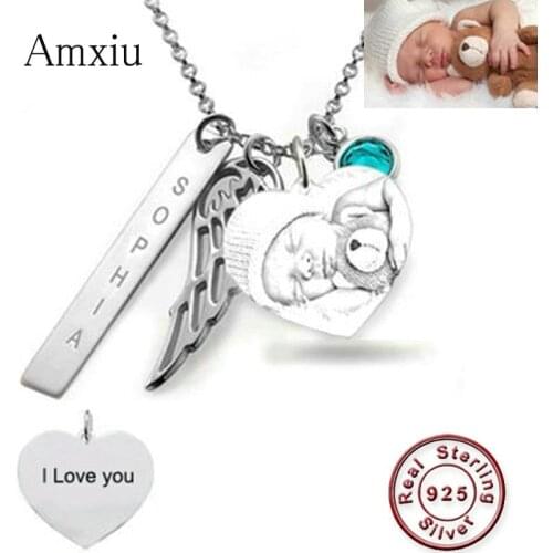 Amxiu Personalized Baby Photo Necklace Engraved Name Necklace 925 Sterling Silver Heart Wing Necklace for Women Mothers Gift