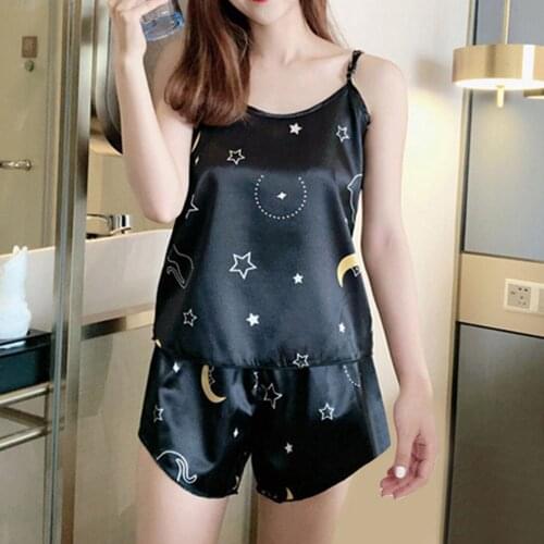 Pajamas Pant Set Moon Printing Lace Up V Neck Sleeveless Shorts Sexy Underwear Pajamas for Women Casual Pijama Mujer Drop Ship